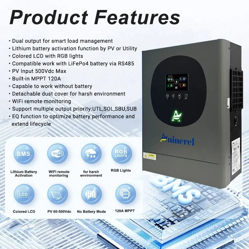 Гібридний Сонячний Інвертор Aninerel Pro 6.2  кВт 48V MPPT Wi-Fi Чиста Синусоїда